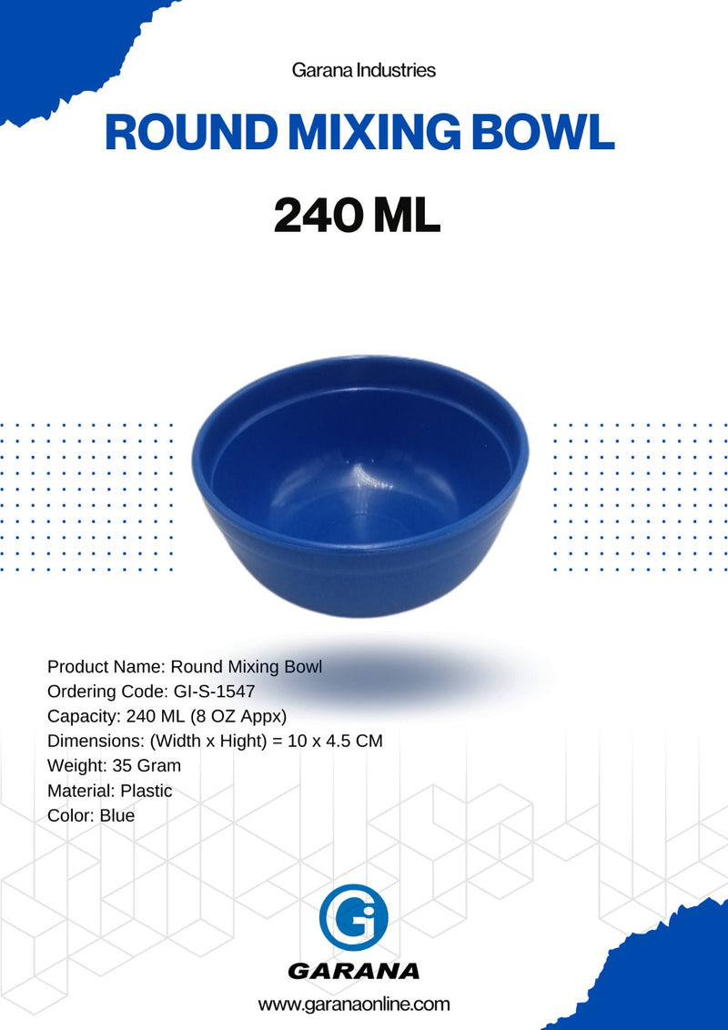 Round Mixing Bowl, Plastic, Blue Color 240 ML (8 OZ Appx)