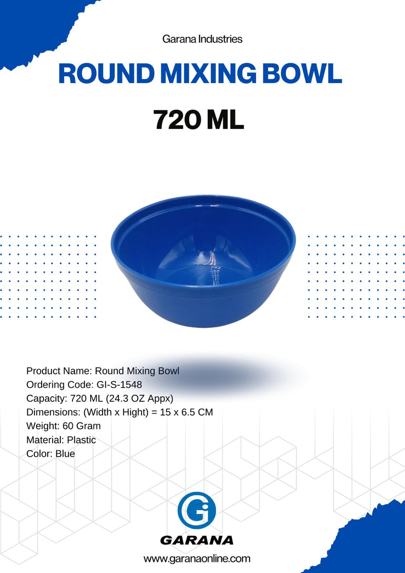 Round Mixing Bowl, Plastic, Blue Color 720 ML (24.3 OZ Appx)
