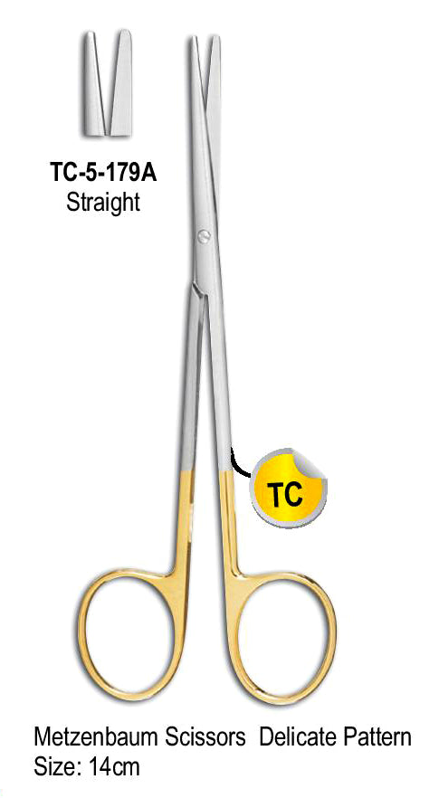 TC Metzenbaum Scissor Straight Delicate Pattern 14cm with Gold Plated Rings