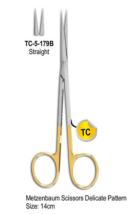 TC Metzenbaum Scissor Straight Delicate Pattern 14cm with Gold Plated Rings  Sharp Point