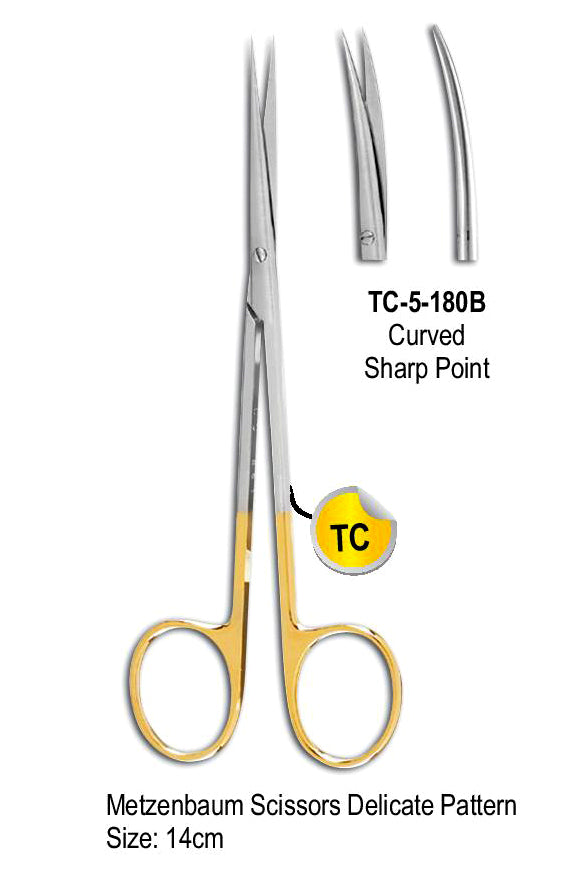 TC Metzenbaum Scissor Curved Delicate Pattern 14cm with Gold Plated Rings  Sharp Point