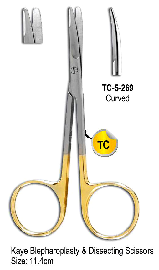 TC Kaye Blepharoplasty & Dissecting Scissor Curved 11.4cm with Gold Plated Rings
