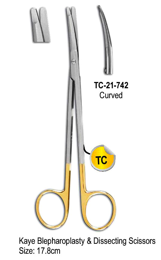 TC Kaye Blepharoplasty & Dissecting Scissor Curved 17.8cm with Gold Plated Rings