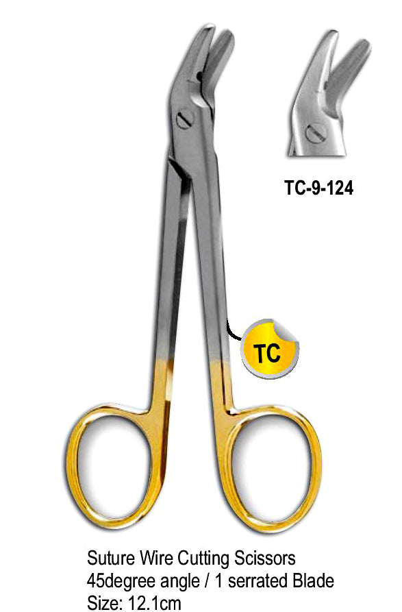 TC Suture Wire Cutting Scissor 45° Angle one Serrated Blade 12.1cm with Gold Plated Rings