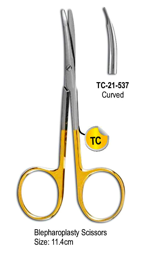 TC Blepharoplasty Scissor Curved 11.4cm with Gold Plated Rings