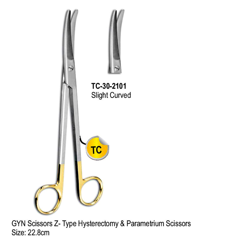 TC GYN Scissor Z Type Hysterectomy & Parametrium Scissors Slight Curved 22.8cm with Gold Plated Rings