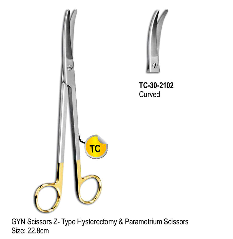 TC GYN Scissor Z Type Hysterectomy & Parametrium Scissors Curved 22.8cm with Gold Plated Rings