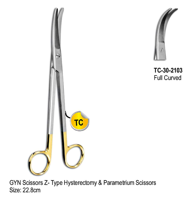 TC GYN Scissor Z Type Hysterectomy & Parametrium Scissors Full Curved 22.8cm with Gold Plated Rings